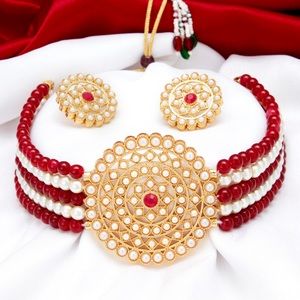 Lavish gold Plated Pearl Choker Necklace set in maroon white